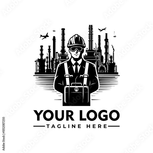 Worker in hard hat stands arms crossed in front of industrial plant vector logo Industrial worker in hard hat stands confidently in front of factory. Suitable for construction, engineering, manufactur