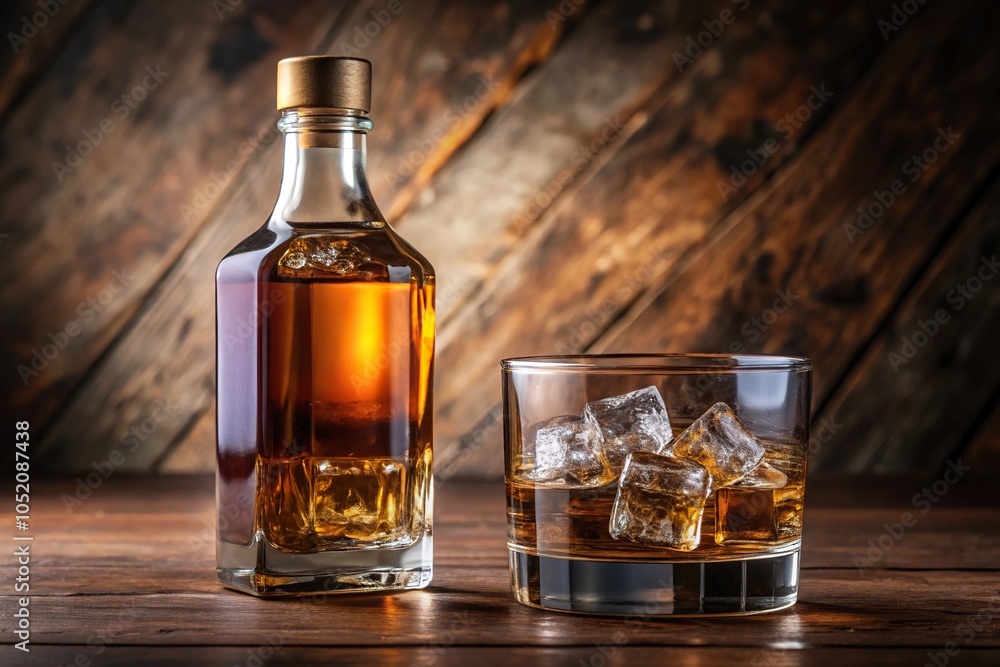 A close-up shot of a single whiskey bottle with a slight smudge on the label, sitting next to a glass filled with a few ice cubes, quiet contemplation, intimate moment A close-up shot of a single whiskey bottle with a slight smudge on the label, sitting next to a glass filled with a few ice cubes, quiet contemplation, intimate moment