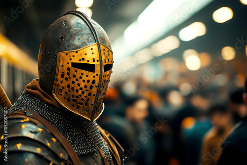 Knight in armor, crowd in background, blurred action.