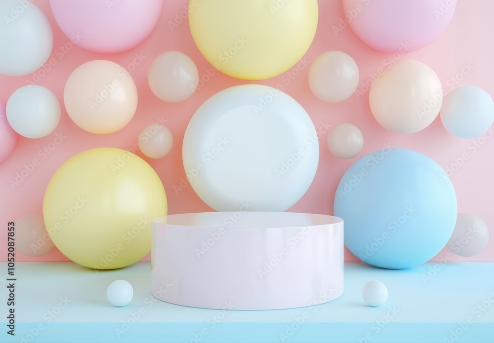 Empty Podium Display with Pastel Balloons, Minimal Cute Design Concept Empty Podium Display with Pastel Balloons, Minimal Cute Design Concept