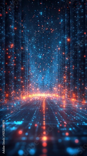 futuristic digital network backdrop featuring glowing nodes and interconnected lines in a sophisticated palette of blue orange and red symbolizing the dynamic nature of big data technology