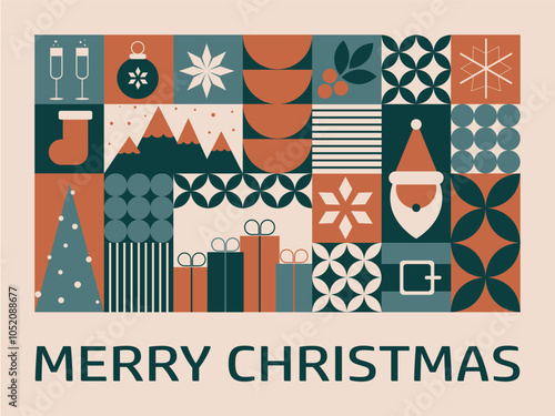 Horizontal Christmas greeting card with mosaic elements. Geometric Christmas banner with traditional symbols. Vector illustration