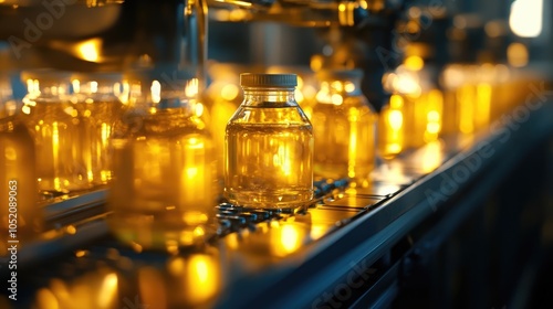 Orange Juice Bottling Process on Conveyor Belt in Modern Food Factory