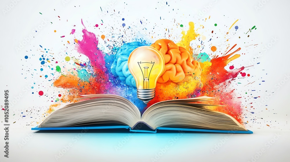 Open book with colorful brain and light bulb.