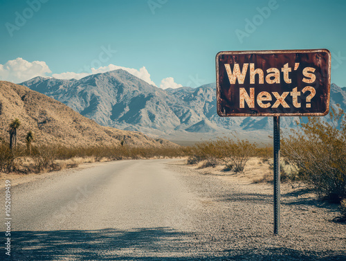 Rustic desert road sign asking 'What's Next?' amidst mountainous backdrop under blue skies. photo