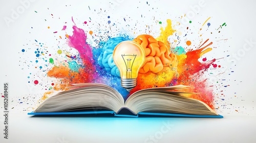 Obraz na płótnie Open book with colorful brain and light bulb. w salonie
