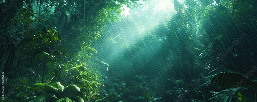 Obraz premium Enchanting rainforest a captivating journey through lush greenery and ethereal sunlight filtering through the canopy