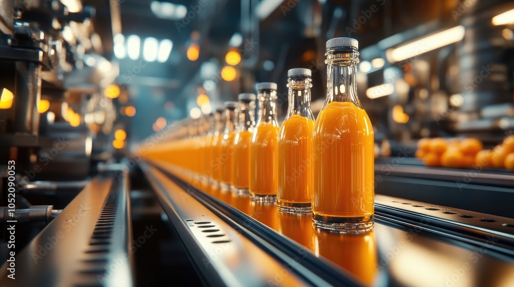 Orange Juice Bottling Process on Conveyor Belt in Modern Food Factory Orange Juice Bottling Process on Conveyor Belt in Modern Food Factory