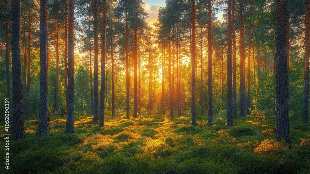 Fototapeta premium Golden Sunlight Filtering Through a Dense Forest of Tall Pine Trees