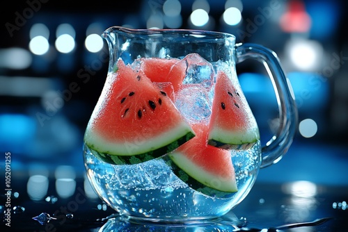 Watermelon slices floating in a pitcher of iced water, creating a refreshing and colorful summer drink photo