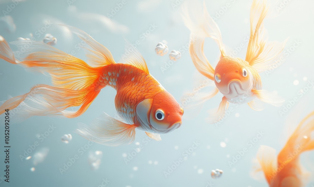Fototapeta premium 3D goldfish swimming gracefully, with flowing fins and a subtle orange hue against a clean white background