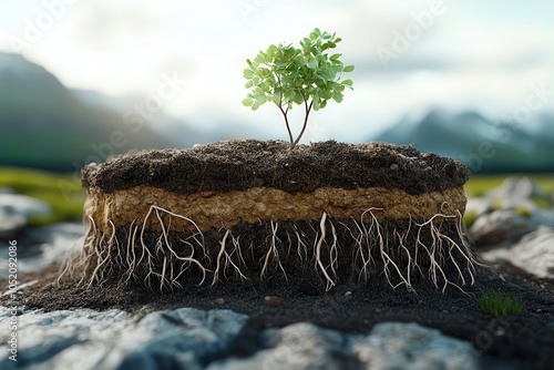 Organic soil and plant roots, crosssection view, 3D illustration photo