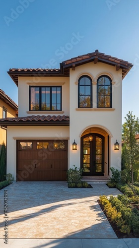 gorgeous exterior of a newly built house with spacious threecar garage vibrant lawn and illuminated by warm sunlight under a clear blue sky presenting a picturesque suburban scene photo