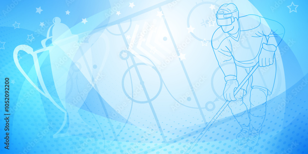 Hockey themed background in blue. Digital illustration featuring a hockey player on the ice, with a trophy and a starry background. Hockey themed background in blue. Digital illustration featuring a hockey player on the ice, with a trophy and a starry background.