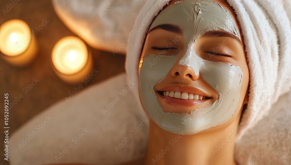 Spa Facial Treatment. Woman Relaxing with Cream Mask and Candlelit Background Spa Facial Treatment. Woman Relaxing with Cream Mask and Candlelit Background