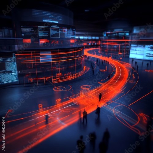 Futuristic urban scene with glowing pathways and digital interfaces.