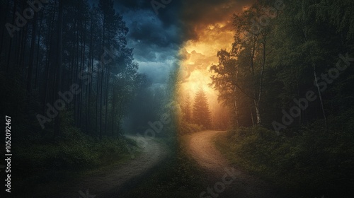 Decision making, two paths in a forest, one leading to a dark and stormy sky, the other towards a warm and sunny horizon. generative ai