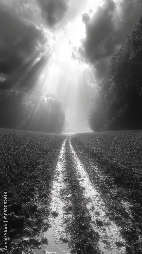 Sunlight piercing storm clouds, illuminating a lush farm field after a refreshing downpour, creating a vibrant landscape scene. Sunlight piercing storm clouds, illuminating a lush farm field after a refreshing downpour, creating a vibrant landscape scene.