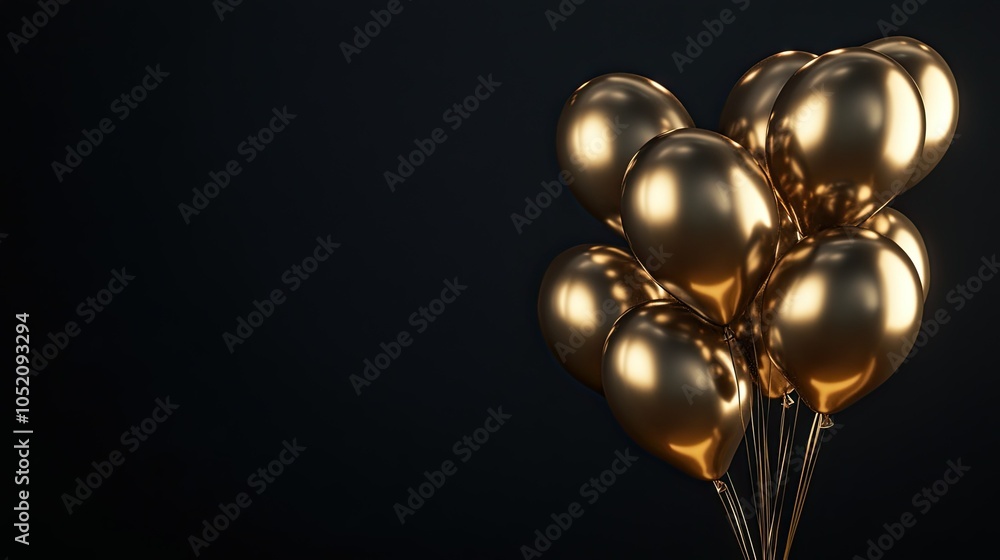 A bunch of metallic balloons shimmering in front of a dark backdrop, with text space available A bunch of metallic balloons shimmering in front of a dark backdrop, with text space available
