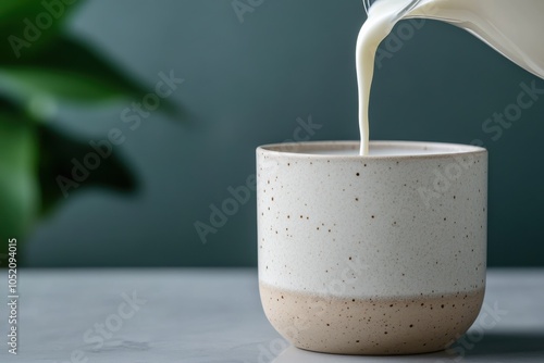 A visually appealing scene where fresh milk is poured into a stylish speckled ceramic cup, symbolizing simple elegance and artistic essence within everyday moments. photo