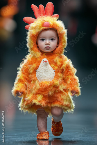 Toddler wearing chicken costume walking on catwalk during fashion show