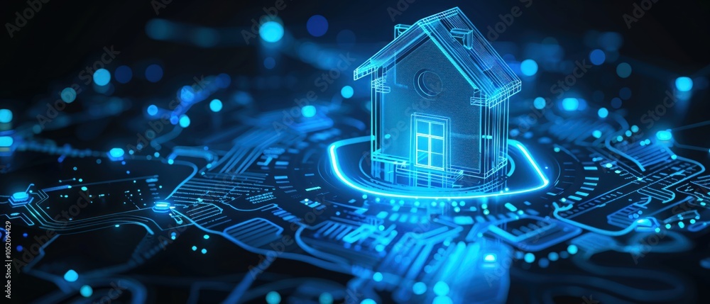 Naklejka premium A digital hologram of a house surrounded by a shield futuristic