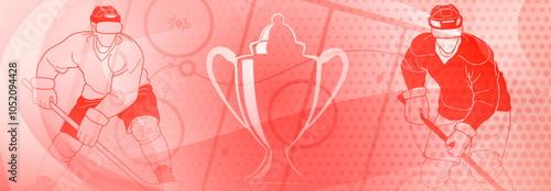 Hockey themed background in red. Collage of two athletes and a trophy, set against a dotted background with abstract shapes and patterns. photo