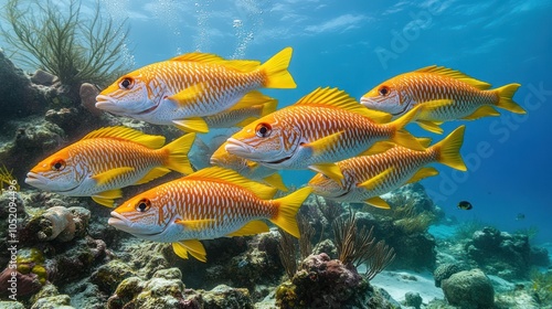 School of Yellowtail Snapper Fish Swimming in a Coral Reef