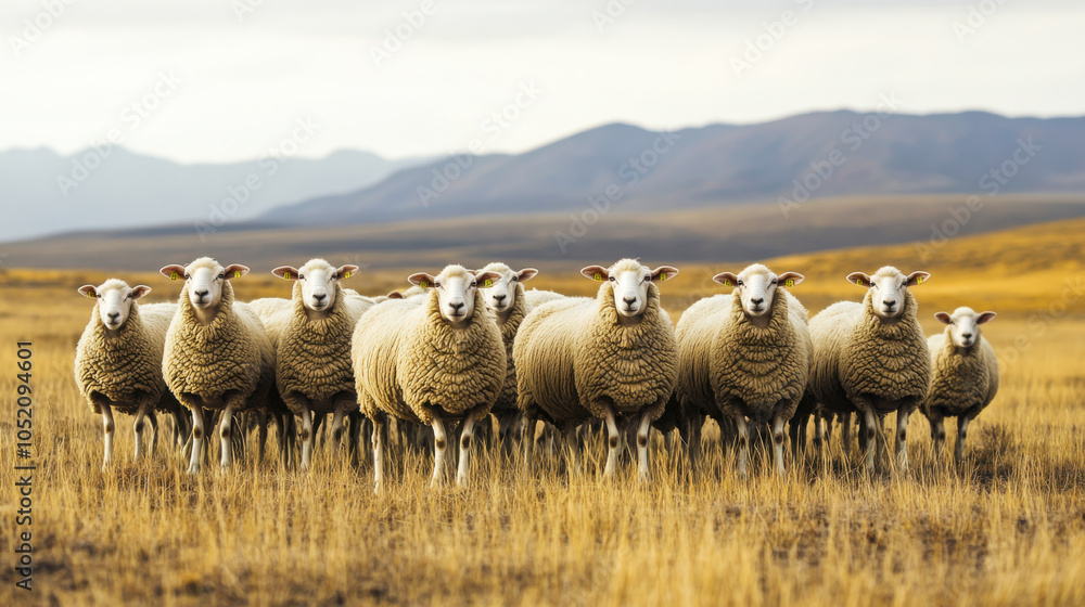Fototapeta premium Group of sheep grazing peacefully in a golden meadow under a dramatic sunset in a rural landscape