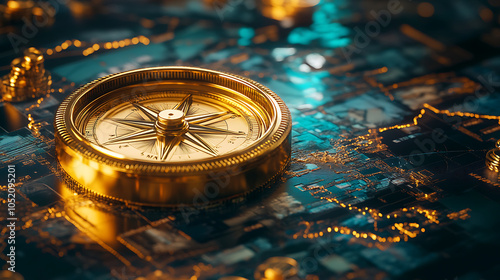 golden compass resting on financial portfolio symbolizes direction and guidance