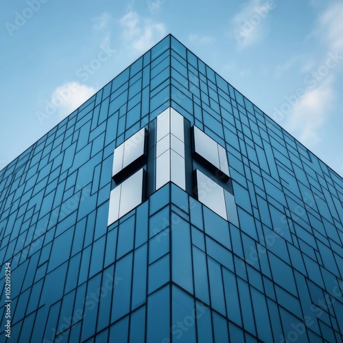 Modern architectural design featuring a blue glass facade and unique windows.