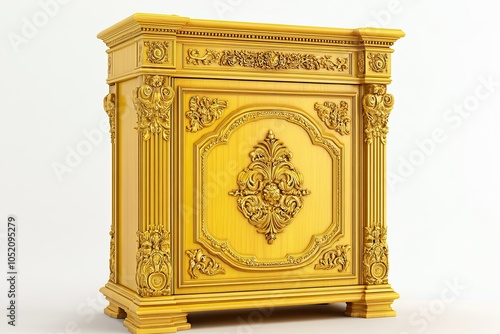 yellow and gold wooden classic cabinet with retricate royal carvings  arabic style on white background 