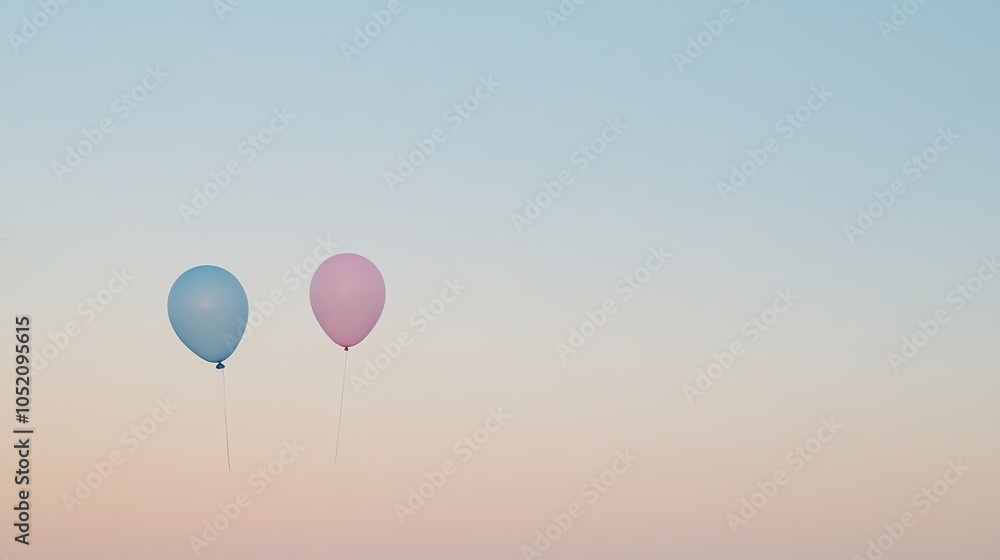 Obraz premium Balloons in pastel shades against a clear sky, providing a soft, cheerful background with copy space