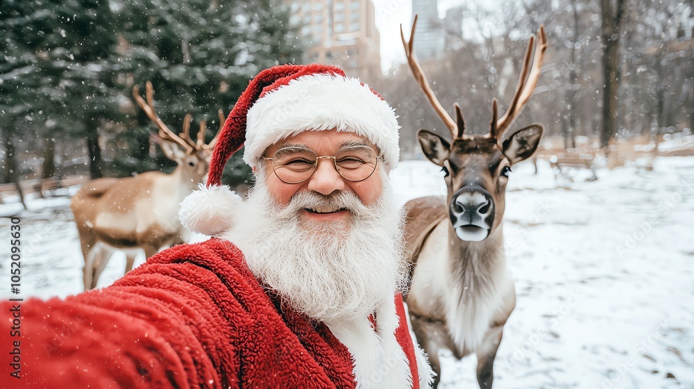 Santa snapping a selfie with his reindeer in front of a snowy skyline, giving a snarky wink and peace sign Santa snapping a selfie with his reindeer in front of a snowy skyline, giving a snarky wink and peace sign