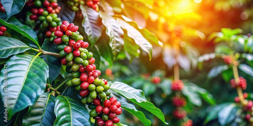 A coffee plant with lush green leaves and vibrant flowers in a shaded garden, garden, leafy greens, tropical plant A coffee plant with lush green leaves and vibrant flowers in a shaded garden, garden, leafy greens, tropical plant
