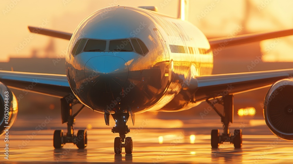 Airplane at Sunset on Runway Airplane at Sunset on Runway