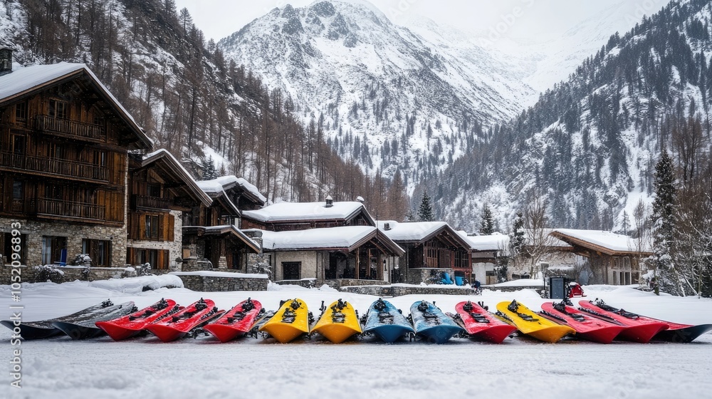 Naklejka premium Colorful kayaks lined up in snowy mountain setting