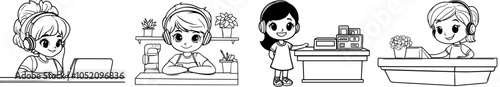 In this illustration the call center operator is seated using a computer and wearing a headset as she helps customers. She is holding a headset at the customer support center. She is an online