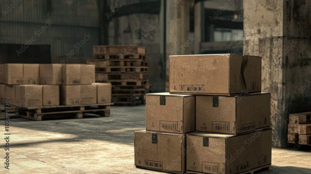 A large warehouse with stacks of cardboard boxes and wooden pallets on the floor. A large warehouse with stacks of cardboard boxes and wooden pallets on the floor.