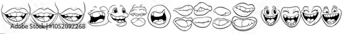 Cartoon mouth set, happy, sad expressions. Emoji mouth and tongue caricatures. Funny comic doodle style illustration.