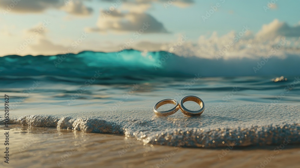 A romantic scene featuring two wedding rings placed on soft sand, with serene ocean waves behind, evoking feelings of eternal love and connection. A romantic scene featuring two wedding rings placed on soft sand, with serene ocean waves behind, evoking feelings of eternal love and connection.