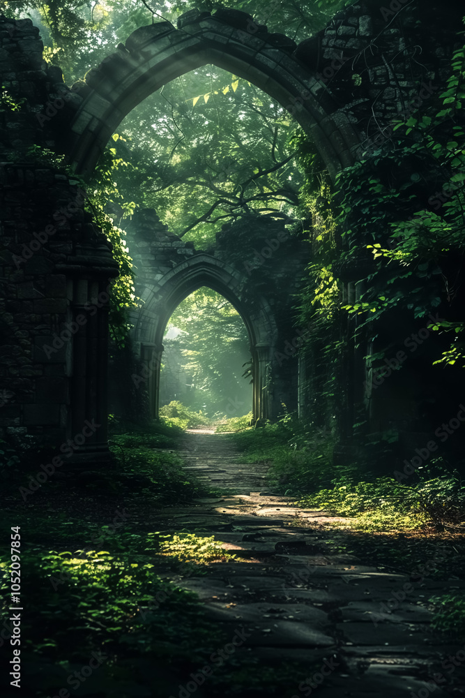 Fototapeta premium Ancient ruins surrounded by lush greenery create mystical atmosphere, inviting exploration and reflection. Sunlight filters through arches, enhancing serene beauty of this forgotten place