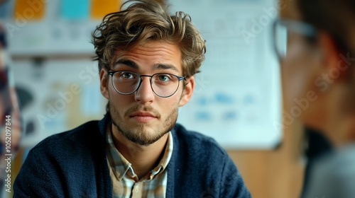 Close-up of young entrepreneur presenting a business plan to investors in a startup environment, focus on expressions, professional setting.