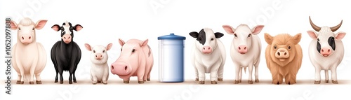 Curious farm animals gather around a blue canister in rural setting