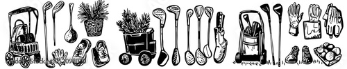 Sketch illustration of golf club modern icons and design elements. Golf cart, ball, club, bag and accessories. Outdoor leisure activity stuff.