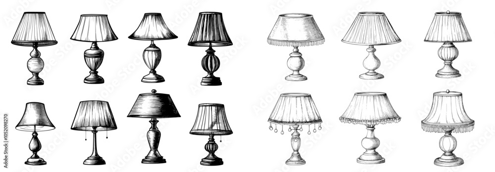 Set of Hand Drawn Simple Black Table Lamp Icons on White Background for Home Decor and Lighting Design. Set of Hand Drawn Simple Black Table Lamp Icons on White Background for Home Decor and Lighting Design.