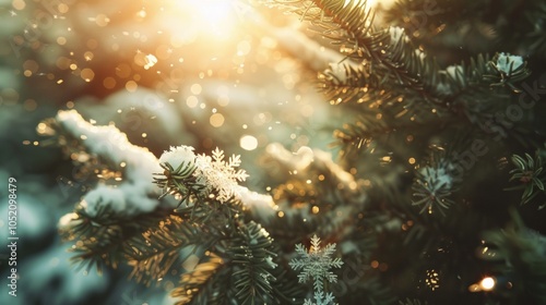 Wallpaper Mural Enchanting snowfall around a festively adorned Christmas tree, sparkling snowflakes glimmering in the soft light, creating a magical winter atmosphere outdoors. Torontodigital.ca