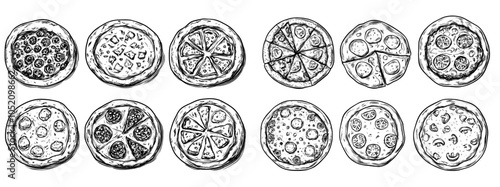 The italian pizza sketch is a handdrawn engraving style icon set composed of low detailed lines and crisp contours on a white background. It is a traditional Italian cuisine illustration with thin