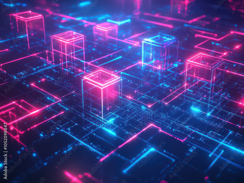 Futuristic digital landscape with glowing neon cubes and connections in vibrant pink and blue hues. Futuristic digital landscape with glowing neon cubes and connections in vibrant pink and blue hues.
