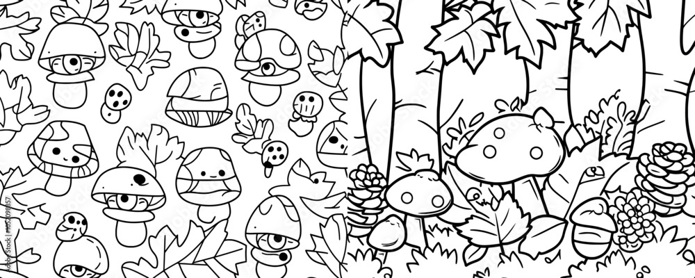 An endless repeating nature background pattern of leaves, forest foliage, mushrooms, cones. Colorful flat modern illustration for fabric, textile, wrappings. An endless repeating nature background pattern of leaves, forest foliage, mushrooms, cones. Colorful flat modern illustration for fabric, textile, wrappings.